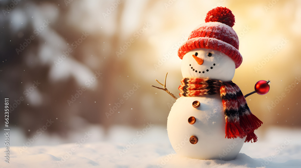 Fototapeta premium Happy little snowman wearing red hat and scarf, blurred background with copy space