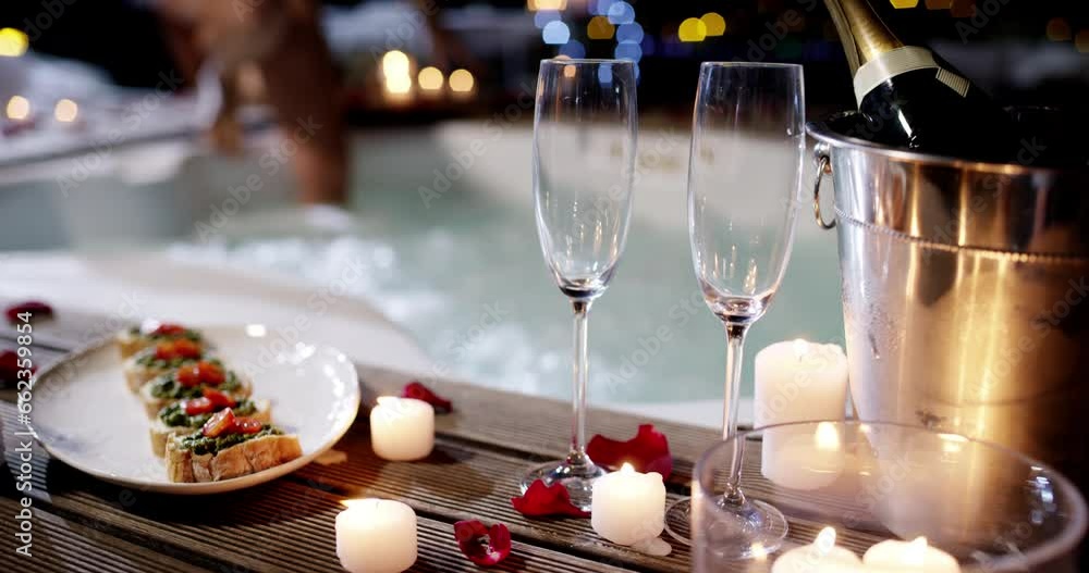 Champagne glass, food and hot tub couple arrive, enter and romantic partner bonding on Valentines day date. France holiday night, candle flame and marriage people enter jacuzzi with alcohol and snack Champagne glass, food and hot tub couple arrive, enter and romantic partner bonding on Valentines day date. France holiday night, candle flame and marriage people enter jacuzzi with alcohol and snack