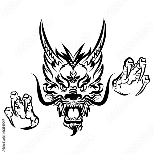 Dragon head with claws. Symbol of New 2024 year. Traditional Chinese Dragon for tattoo design  symbol of New 2024 year