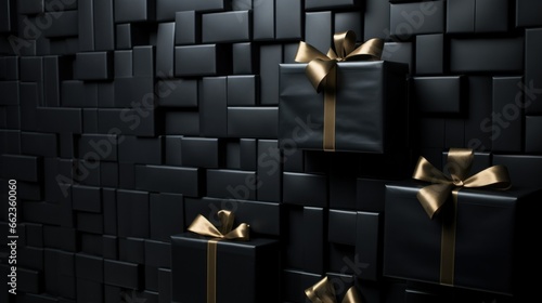 Black Friday sale background, banner with many gift boxes on black. Black Friday Super Sale black gifts boxes background.