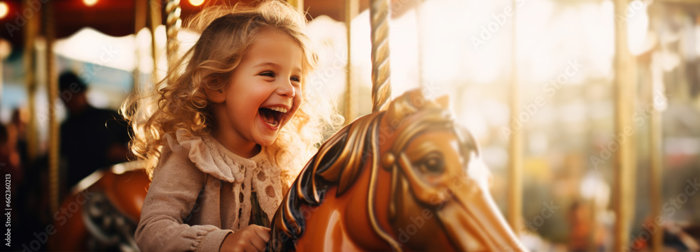 A happy young girl expressing excitement while on a colorful carousel, merry-go-round, having fun at an amusement park. With copy space