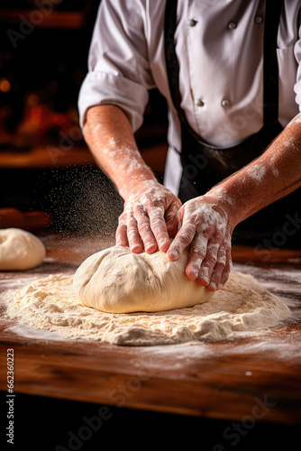 The chef kneads the dough. Making dough with your hands in a bakery. Generative AI © keks20034