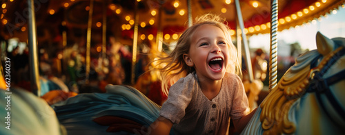 A happy young girl expressing excitement while on a colorful carousel, merry-go-round, having fun at an amusement park. With copy space