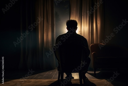 man sitting on a chair in the middle of the room looking out the window
