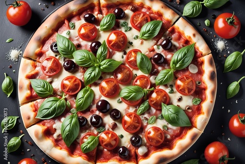 italian pizza with tomatoes, basil, mozzarella and mozzarella. top view. italian pizza with fresh ingredients and ingredients for pizza. pizza with basil and italian pizza with tomatoes, basil, mozzar photo