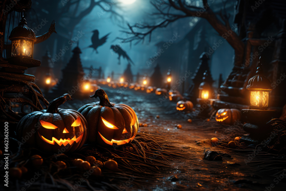 Jack O' Lanterns In Graveyard In The Spooky Night - Halloween Backdrop. Generative Ai.