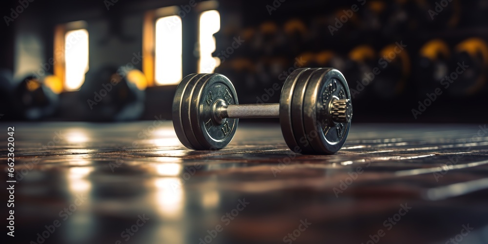 Dumbbells in the photo on the floor in a gym. generative AI Dumbbells in the photo on the floor in a gym. generative AI