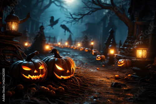 Jack O' Lanterns In Graveyard In The Spooky Night - Halloween Backdrop. Generative Ai.