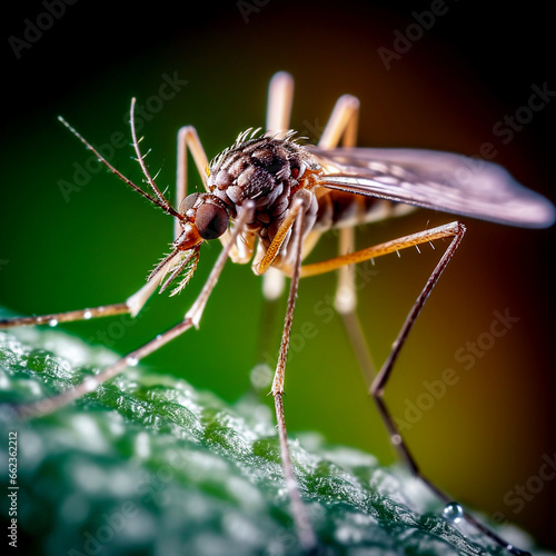 Macro, a mosquito sits on the grass. Very beautiful background.  Detailed photo. © Igor