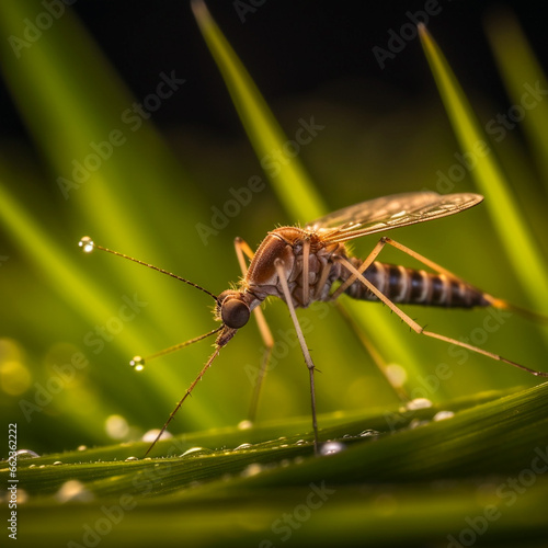 Macro, a mosquito sits on the grass. Very beautiful background. Detailed photo.