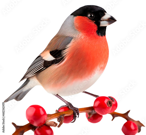 A bullfinch sits on a rowan branch. Bird on a branch in winter. Isolated on a transparent background. © Honey Bear
