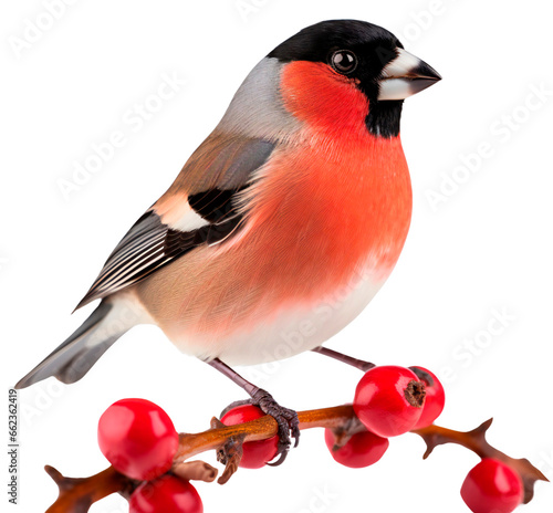 A bullfinch sits on a rowan branch. Bird on a branch in winter. Isolated on a transparent background. photo