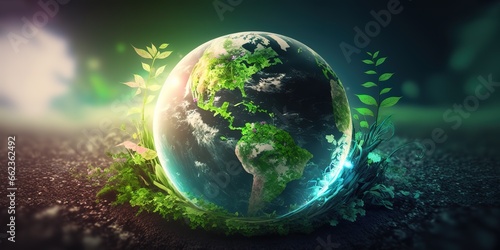 Earth Day with the concept of a miniature earth in the middle of a green forest. generative AI © Nanda