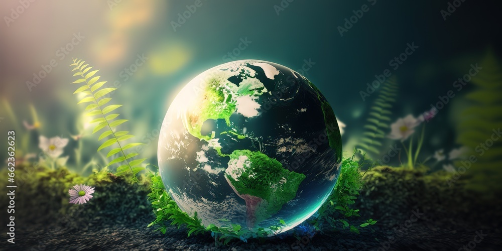 Earth Day with the concept of a miniature earth in the middle of a green forest. generative AI Earth Day with the concept of a miniature earth in the middle of a green forest. generative AI