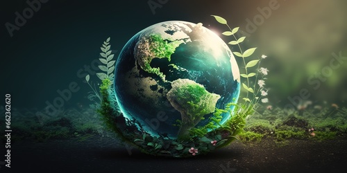 Earth Day with the concept of a miniature earth in the middle of a green forest. generative AI