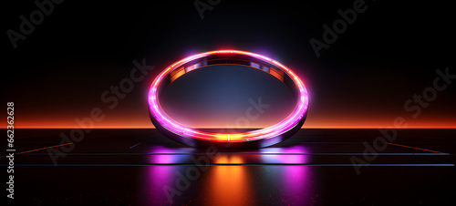 Ai, abstract neon ring illuminated with neon light ring on dark night sky. glowing geometric shape, round frame