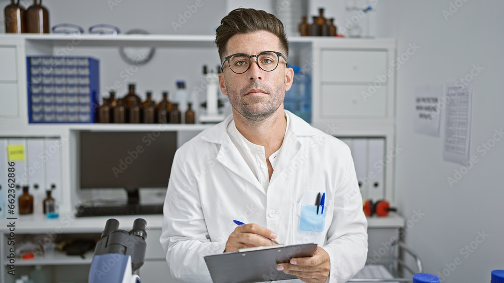 Handsome young hispanic man, charismatic scientist engrossed working, writing a research report in bustling chemistry lab, using a microscope and test tubes for a crucial medical experiment. Handsome young hispanic man, charismatic scientist engrossed working, writing a research report in bustling chemistry lab, using a microscope and test tubes for a crucial medical experiment.