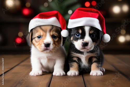 Two Jack Russell puppies wearing Santa hats against the background of a Christmas tree