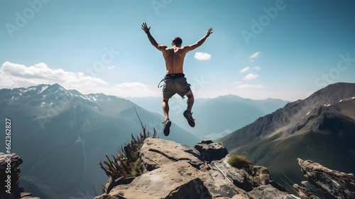 Un homme en train de sauter sur une falaise pendant sa randonnée. 