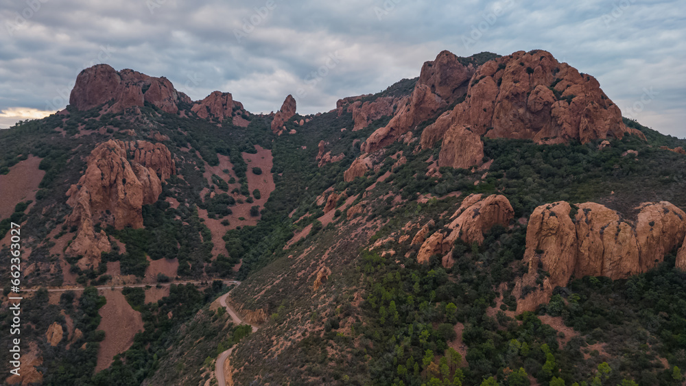 Aerial view of the Massif de L'Esterel and red cliffs falling into the Mediterranean Sea. French Riviera. Cote d'Azur - France Aerial view of the Massif de L'Esterel and red cliffs falling into the Mediterranean Sea. French Riviera. Cote d'Azur - France