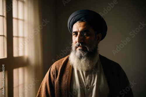 Portrait of the of the old age, bearded Iranian man wearing traditional clothing. Concept of active age