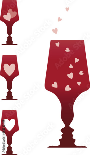 set of wineglass with heart. valentine day. vector