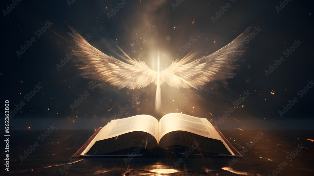 Encontro Celestial: Anjo Guardião e a Bíblia Sagrada, AI Generativa - obrazy, fototapety, plakaty 