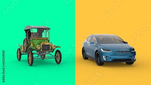 Old vs new technology. Old car and Electric car. in green and yellow background.