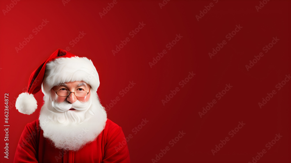 Naklejka premium Santa claus Christmas background with smiling on red background. horizontal banner