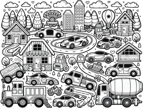 Black and white outlines of toy vehicles, including dodge models, set amidst playful buildings 