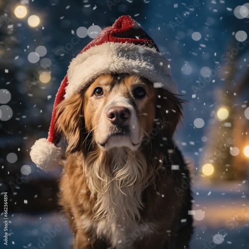 Domestic dog in winter hat outdoors in winter