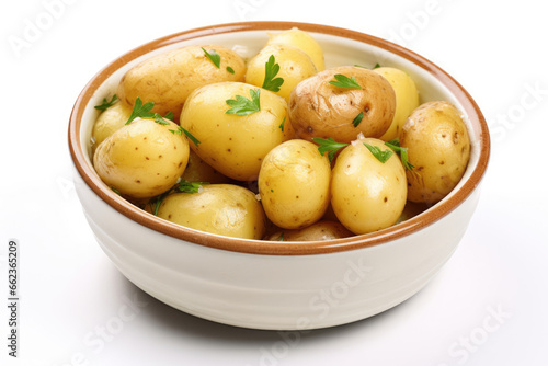 Bowl of boiled new potatoes with peels on white background