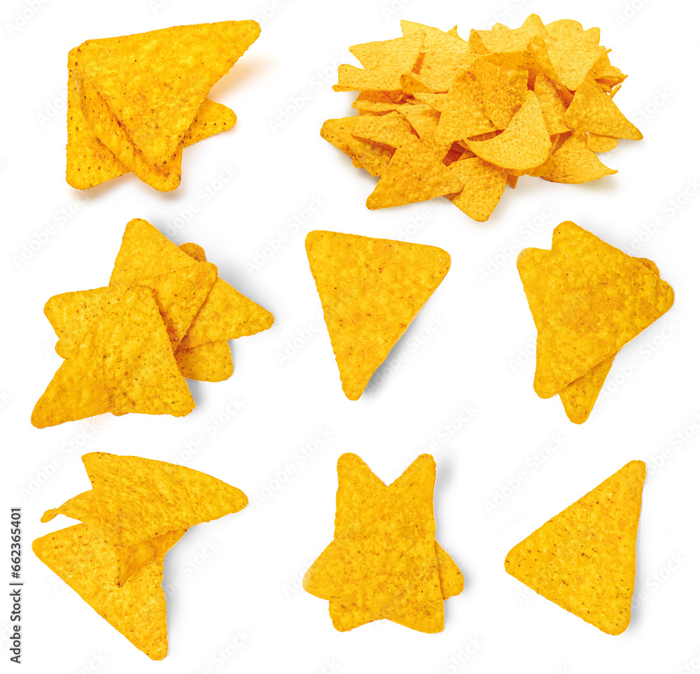 Nachos chips isolated on white background. Crispy chips Top view. Flat lay. Creative food layout. Nachos chips isolated on white background. Crispy chips Top view. Flat lay. Creative food layout.