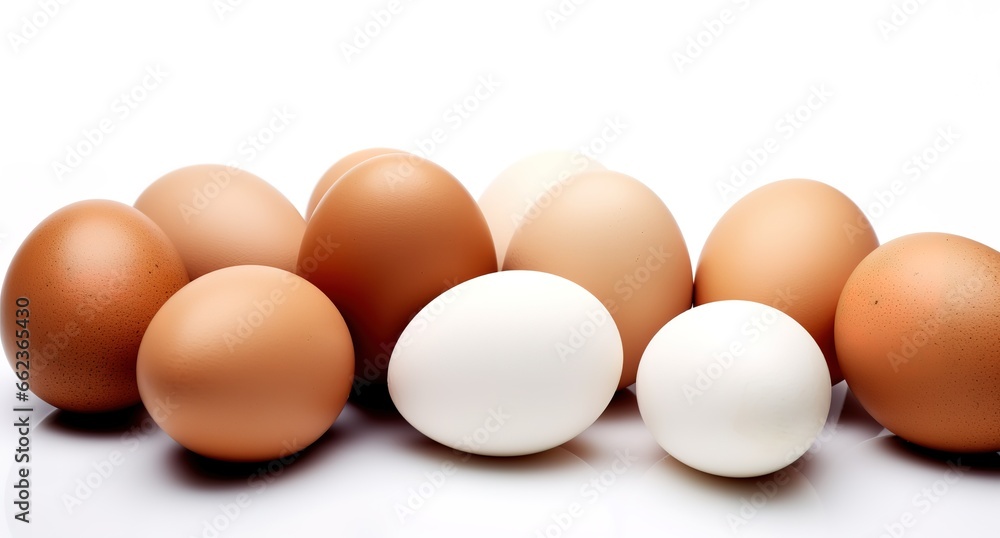 Several eggs photographed at close range in various colors on a white background. Generative AI Several eggs photographed at close range in various colors on a white background. Generative AI
