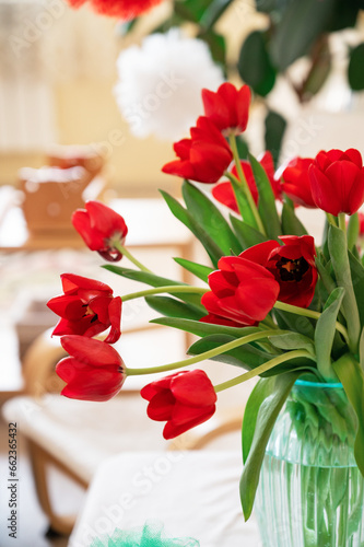 Bouquet of red tulips, spri...