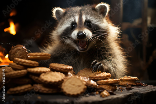 A mischievous raccoon caught stealing cookies, showcasing its cheeky antics. Concept of animal mischief. Generative Ai.