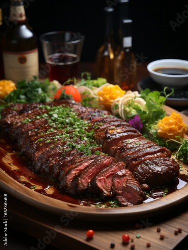 Sliced beef steak with wine