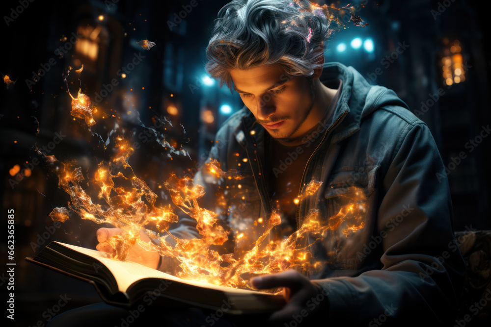 Obraz premium A person deeply immersed in reading a book, highlighting the intellectual stimulation of literature on the brain. Concept of reading and cognition. Generative Ai.