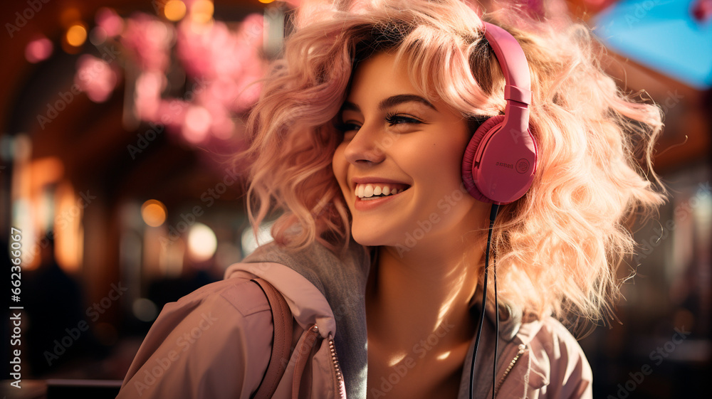 Fototapeta premium portrait of young smiling beautiful woman with headphones