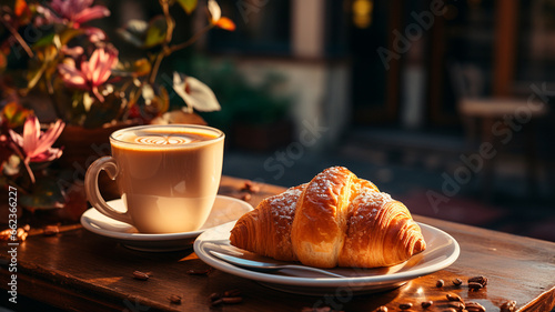 cup of cappuccino coffee and croissant