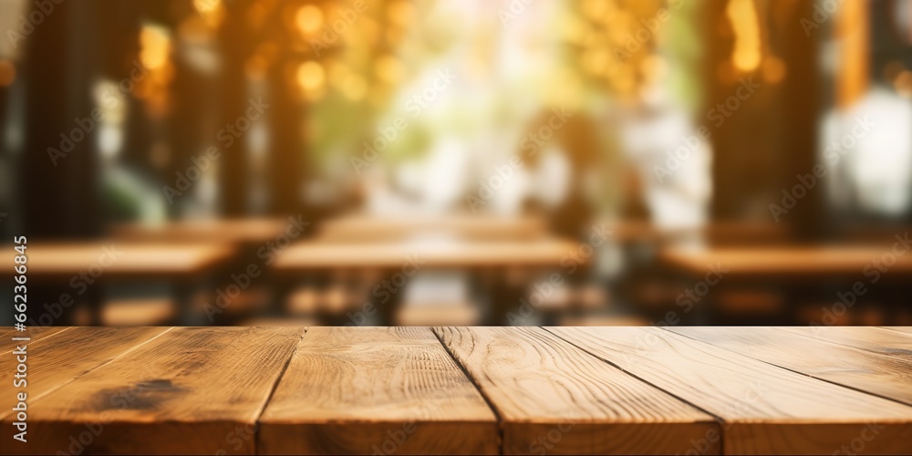 A wooden table can be used for your text or for your product presentation with a blurry outdoor cafe table background. generative AI A wooden table can be used for your text or for your product presentation with a blurry outdoor cafe table background. generative AI