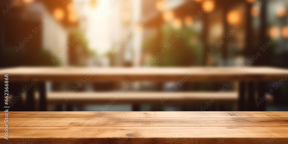 A wooden table can be used for your text or for your product presentation with a blurry outdoor cafe table background. generative AI
