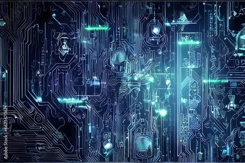 Abstract blue electronic circuit board pattern lines and components in the internet network digital virtual cyberspace realm background