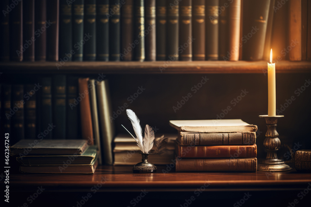Dark Academia - Vintage study room with classic books, quills, and dark wood - Romanticizing higher education - AI Generated - obrazy, fototapety, plakaty 