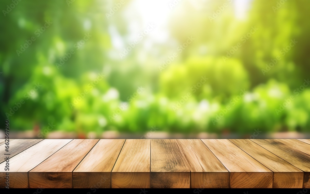 wooden table with a background of blurry leaves can be used as a place for presentations and promotions for your products. generative AI