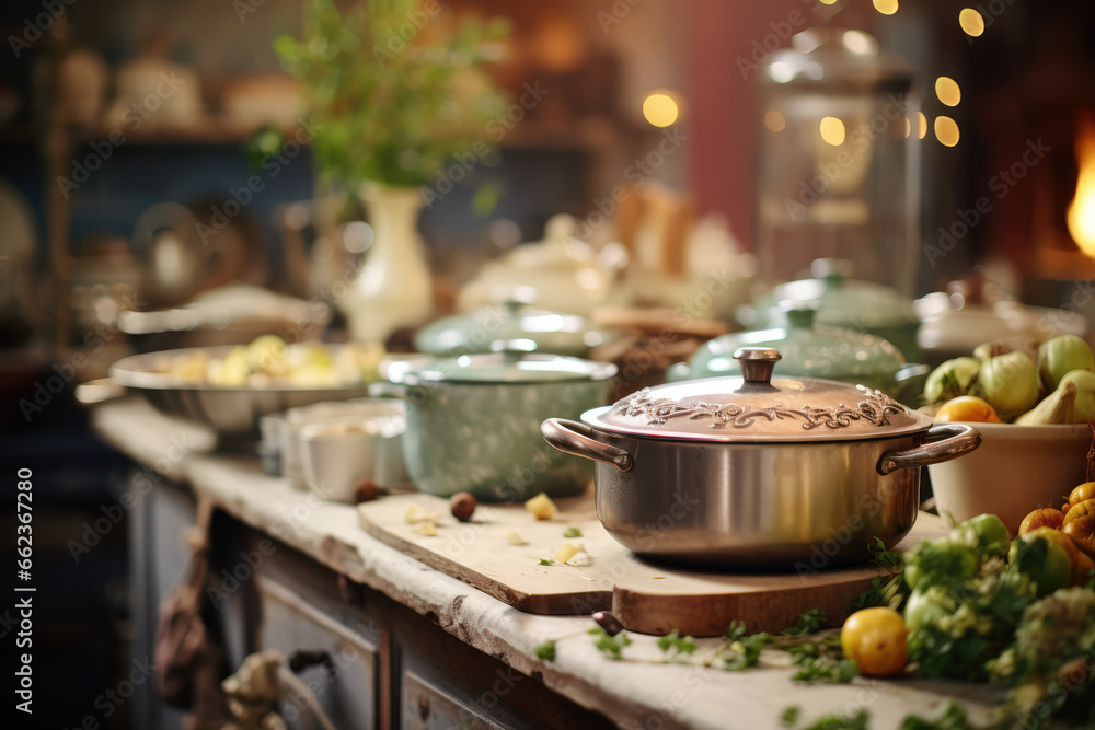Heritage Cooking - Vintage kitchen setting with heirloom recipes and tools - Culinary traditions revisited - AI Generated