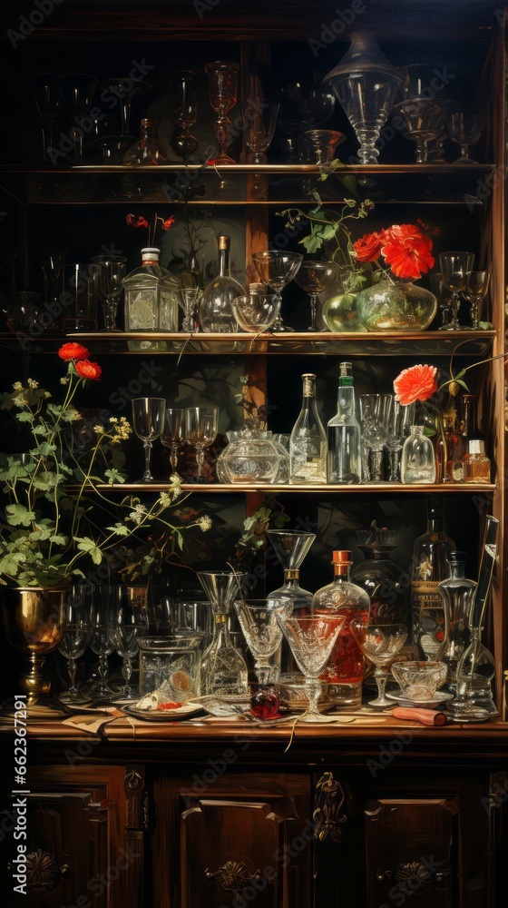 Warmly lit glassware showcase