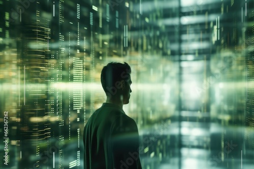 Digital Twin Tech - Engineer against a matrix-green backdrop mirroring a virtual replica of a city - The mirrored reality - AI Generated