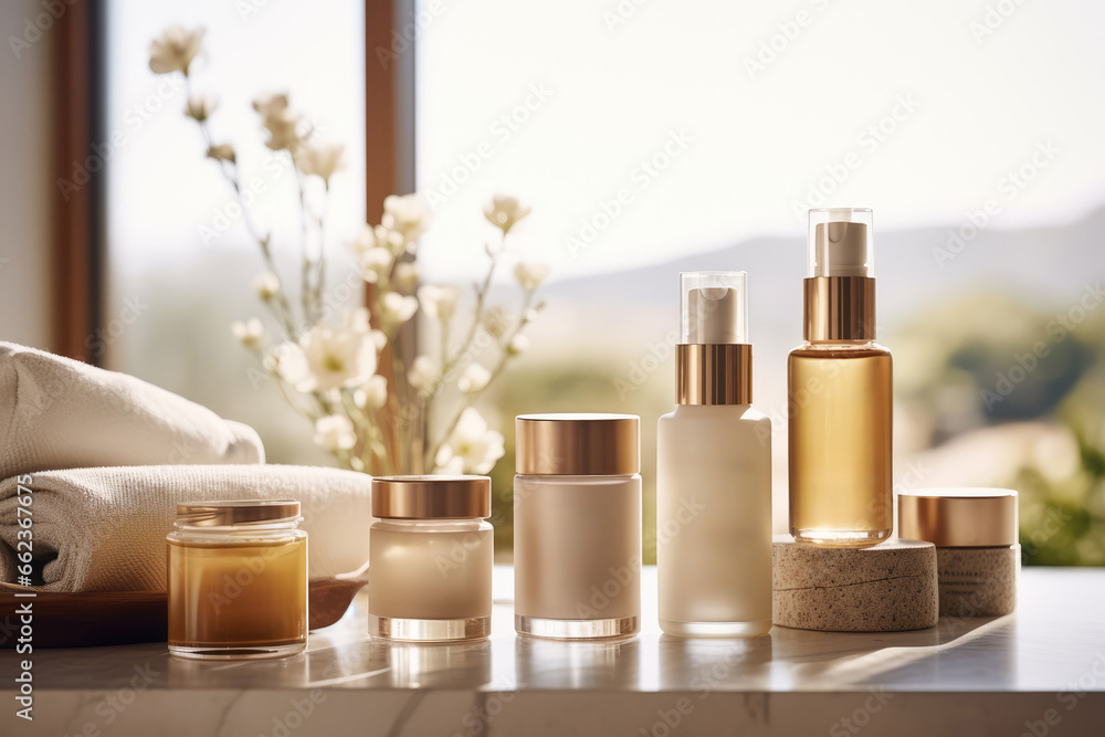 Holistic Skincare - Products arrayed against a calming backdrop with botanical extracts - Skin wellness - AI Generated