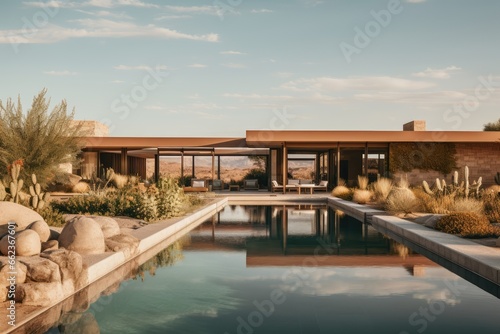 Desert Modernism - Architectural design emphasizing open spaces and indoor-outdoor flow in arid landscapes - Oasis aesthetics - AI Generated